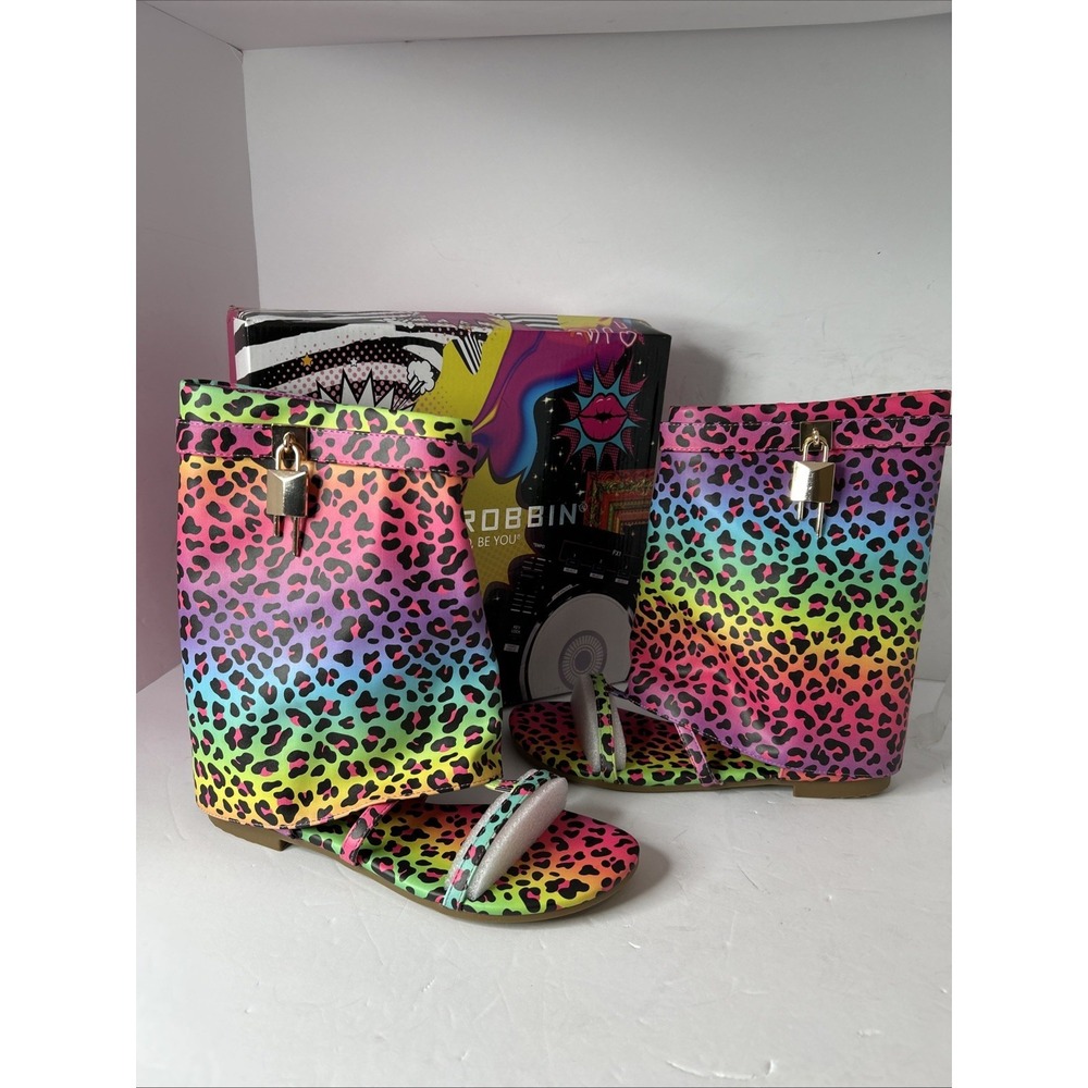 Cape Robbin Carami‎ Round Toe Fold Over Flat Sandals in a rainbow leopard print.
